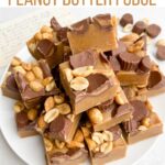 squares of no bake peanut butter fudge on a white plate