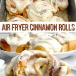 collage of two pictures of cinnamon rolls with frosting