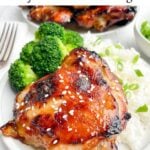air fryer teriyaki chicken thigh on a white plate with white rice and broccoli
