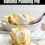 slice of banana pudding pie on white plate.