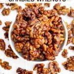 brown sugar candied walnuts on a white countertop