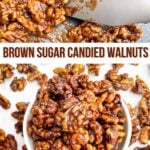 brown sugar candied walnuts on a white countertop and in a cast iron skillet