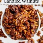 brown sugar candied walnuts on a white countertop