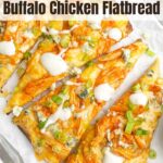 slices of buffalo chicken flatbread on a baking sheet lined with parchment paper