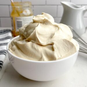caramel whipped cream in a white bowl