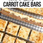 cut carrot cake mix bars on a wire baking rack.