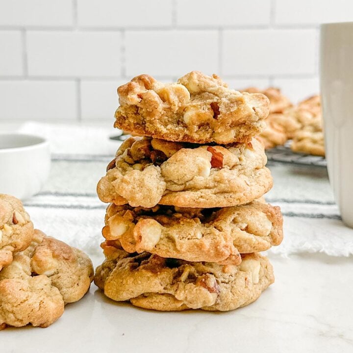 stack of chai cookies on a white countertop.