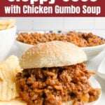 chicken gumbo sloppy joe on a white plate with potato chips