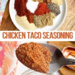 white plate of chicken taco seasoning and a spoon full of chicken taco seasoning over a mason jar of seasoning