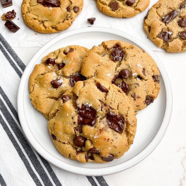 chocolate chip cookies without butter on a white plate