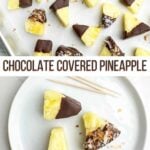 chocolate covered pineapple chunks on a white platter