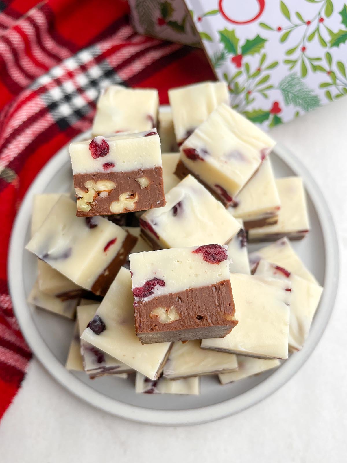 squares of Christmas fudge on a white plate.