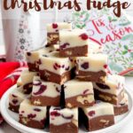 squares of Christmas fudge on a white plate
