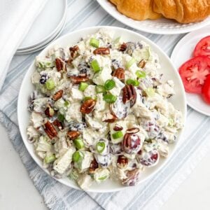 cranberry pecan chicken salad in a white bowl