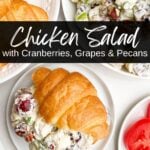 cranberry pecan chicken salad on a croissant with bowl of salad and plate of croissants in background