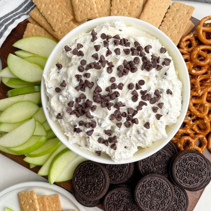 white bowl of chocolate chip dip on a tray of dippers