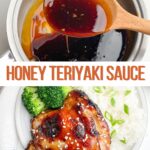 top photo is wooden spoon full of teriyaki sauce over a saucepan of teriyaki sauce, bottom photo is of chicken teriyaki