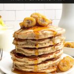 stack of banana pancakes from pancake mix topped with bananas and maple syrup