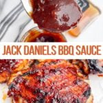 top photo is spoonful of jack daniels bbq sauce and bottom photo is a piece of bbq chicken