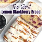 loaf of lemon blackberry bread on a white platter with slice of bread on a white plate