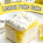 piece of lemon poke cake on white plate with bowl of lemons and plates of cake in background