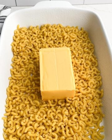 dry pasta in a pan with a block of Velveeta cheese in the center. 