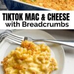 macaroni and cheese with breadcrumbs on a white plate