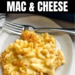 macaroni and cheese with breadcrumbs on a white plate