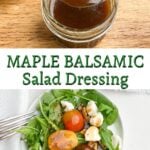 spoonful of maple balsamic dressing over a short jar of dressing