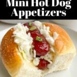 mini hot dog appetizers on a white platter