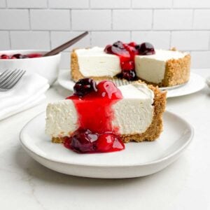 piece of no-bake cheesecake with cherry topping