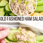 hand holding up a cucumber slice topped with ham salad
