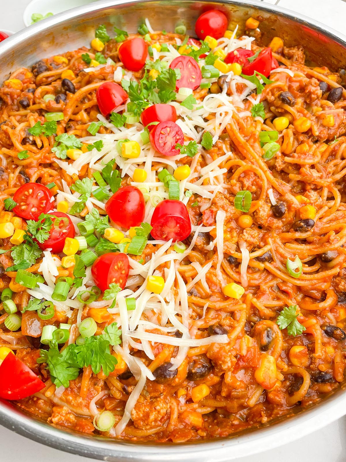 taco spaghetti in stainless steel skillet
