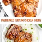 oven baked teriyaki chicken thighs on a white platter and sliced oven baked teriyaki chicken with green onions and sesame seeds on a bed of rice