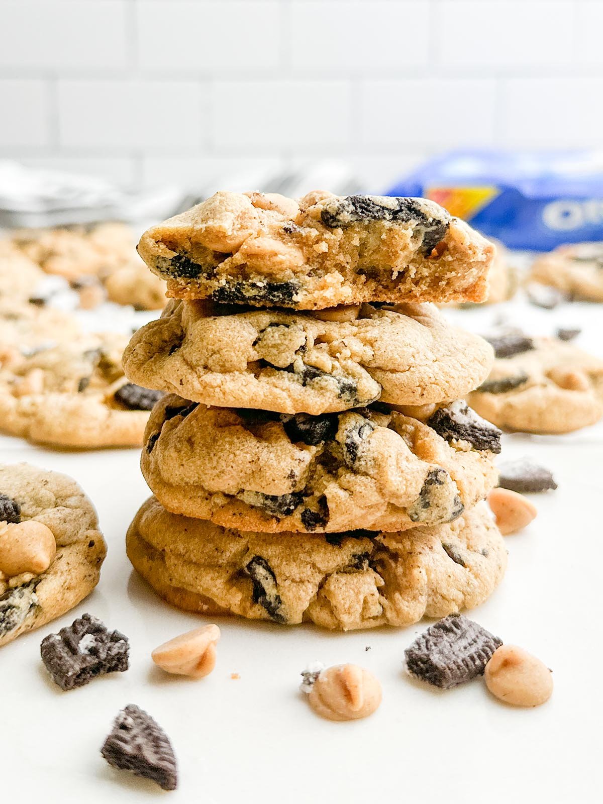 Stack of peanut butter Oreo cookies.