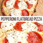baked pepperoni flatbread on a wooden cutting board