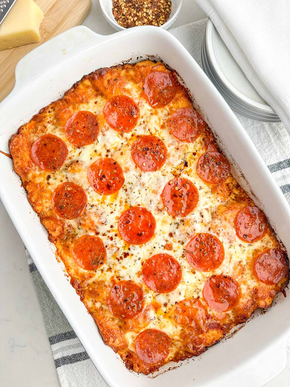baked pizza casserole in a baking dish.