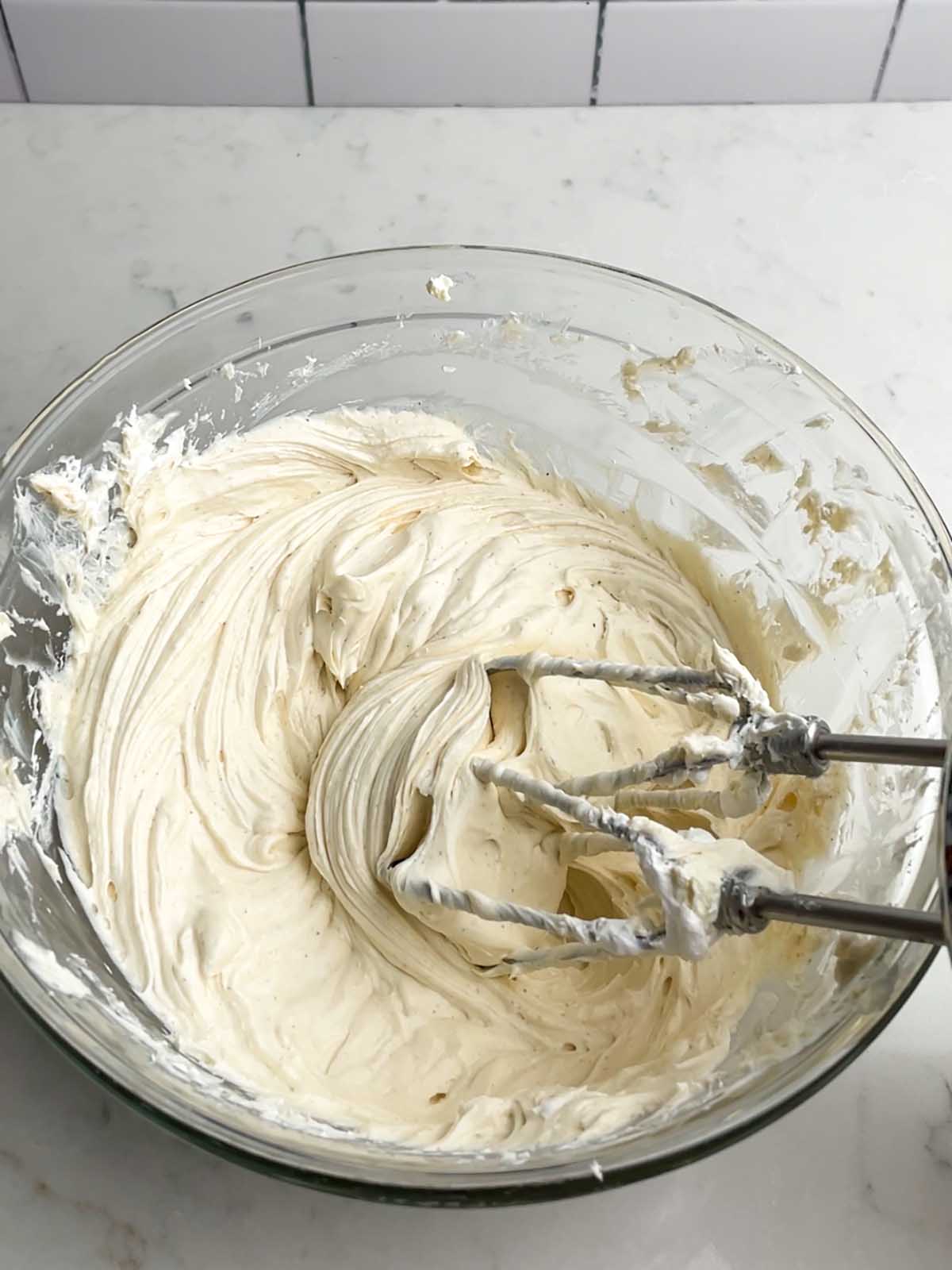 cream cheese mixture in a clear bowl