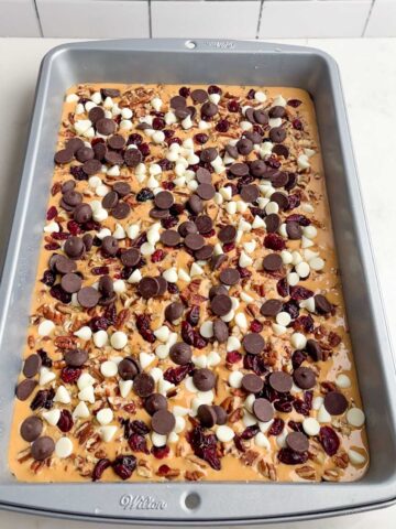 toppings layered onto the pumpkin layer in a 9 x 13 pan.