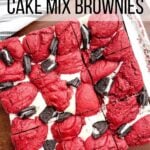baked red velvet brownies from cake mix on a wood cutting board