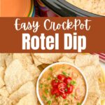 Rotel dip with sausage in slow cooker and small bowl with platter of tortilla chips