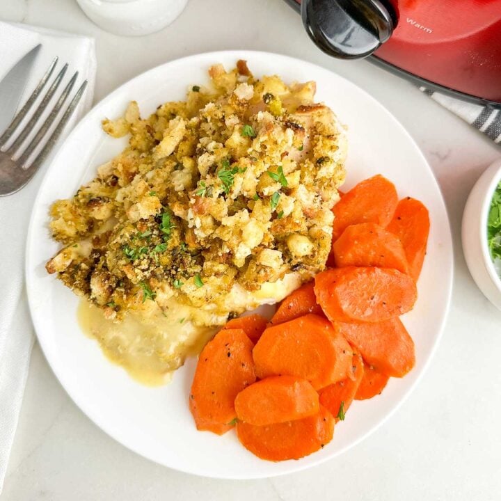crockpot chicken and stuffing casserole with carrots on a white plate.