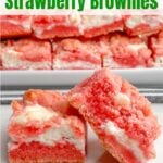 two Strawberry Brownies ona white plate in front of a platter of strawberry brownies