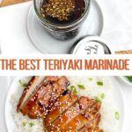 teriyaki marinade in a mason jar on a white plate and white napkin on a wooden cutting board and teriyaki chicken on a white platteer