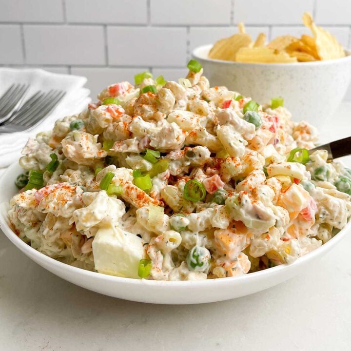 tuna macaroni salad in a white bowl