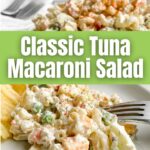 tuna macaroni salad on a white plate with potato chips