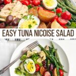 tuna nicoise salad on a white plate with a platter of salad behind it
